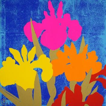 yANA ART TRANSITzR{Y@Flowers Iris 1pink 1yellow 1orange 2red blue background