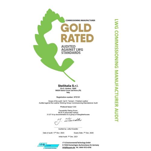 LWG�iLeather Working Group�j�̊č��ɂ��AStellitalia S.r.l.�Ђɑ΂���uGOLD RATED�v�̔F�؏�