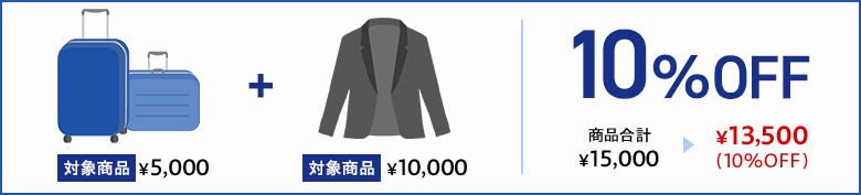 対象商品 ¥5,000 + 対象商品 ¥10,000 10%OFF 商品合計 ¥15,000 ▶ ¥13,500(10%OFF)