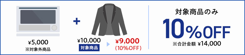 ¥5,000 ※対象外商品 + ¥10,000 対象商品 ▶ ¥9,000(10%OFF) 対象商品のみ 10%OFF ※合計金額 ¥14,000